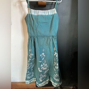 Vintage 70s/80s Hippie Boho Turquoise Tie Dye Batik Cotton Midi Dress Size M